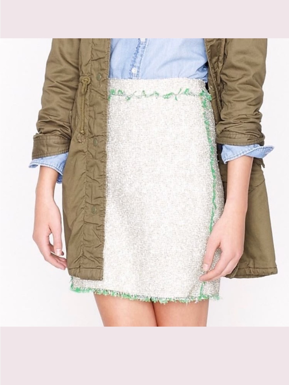 J. Crew Cream Tweed Mini Skirt with Green Trim